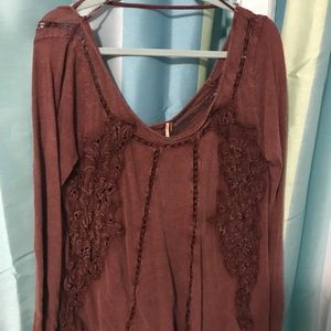 Free People Brown lace and embroidered shirt